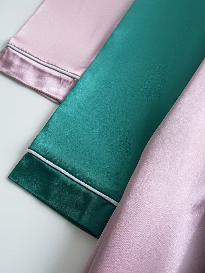 4-Piece Satin Lounge Set – Dual-Tone Satin Pajama Set – Long Sleeve Button Pajamas (Purple / Green)