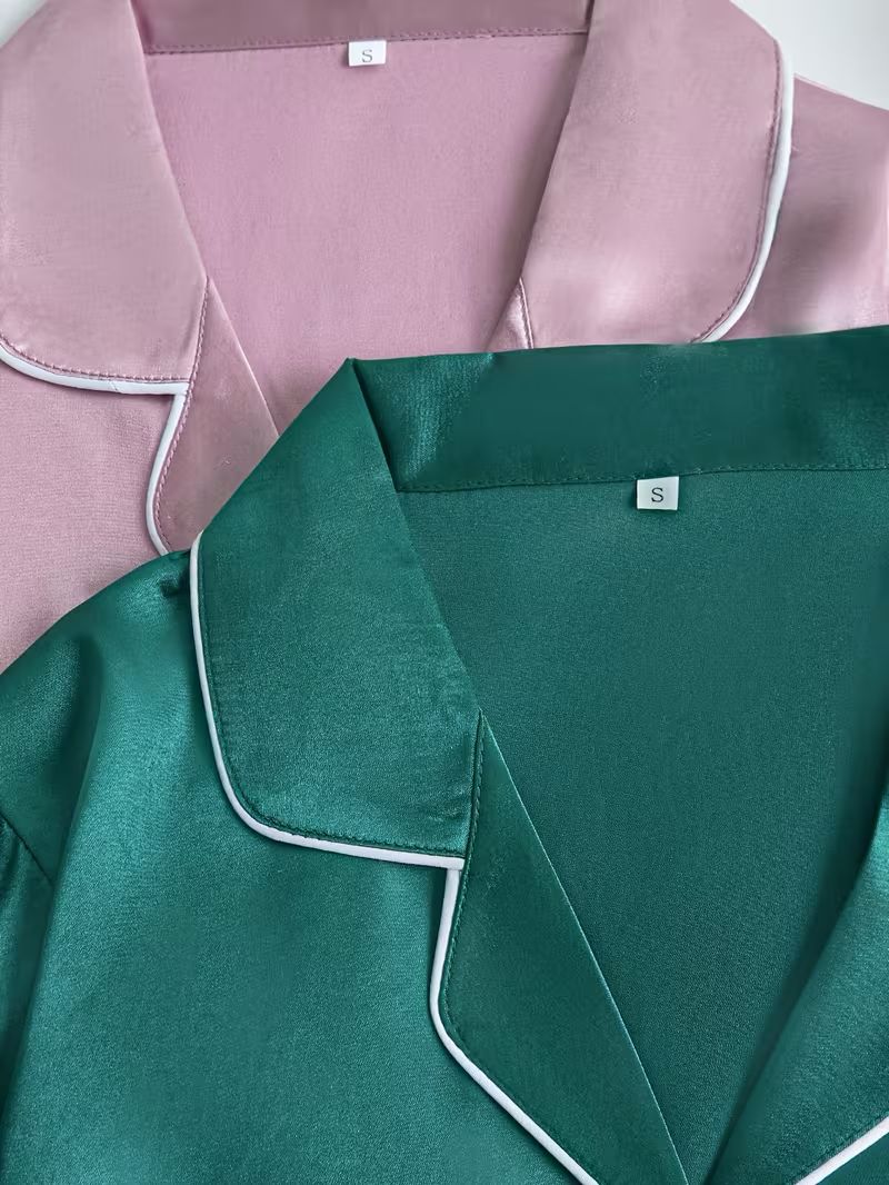 4-Piece Satin Lounge Set – Dual-Tone Satin Pajama Set – Long Sleeve Button Pajamas (Purple / Green)