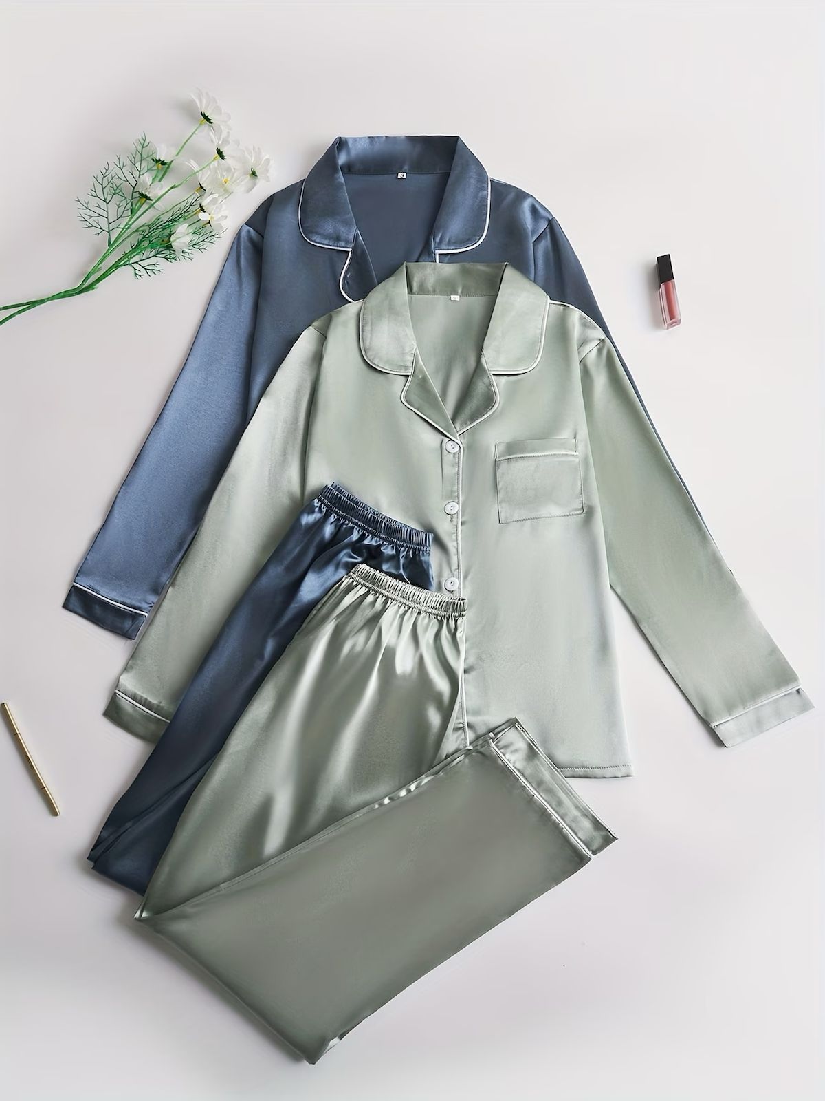 4-Piece Satin Lounge Set - Dual-Tone Satin Pajama Set – Long Sleeve Button Pajamas (Mist Blue / Light Blue)