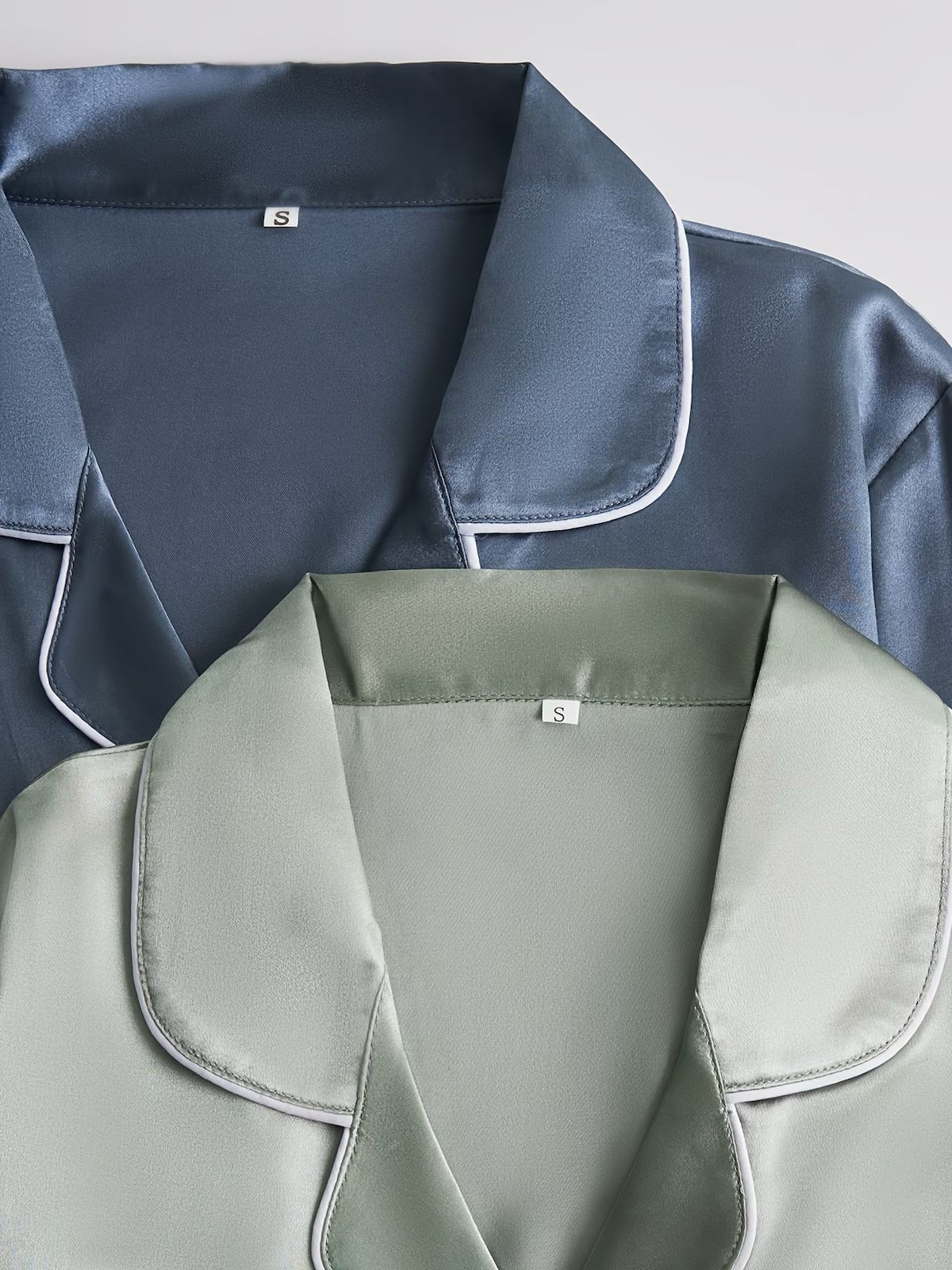 4-Piece Satin Lounge Set - Dual-Tone Satin Pajama Set – Long Sleeve Button Pajamas (Mist Blue / Light Blue)