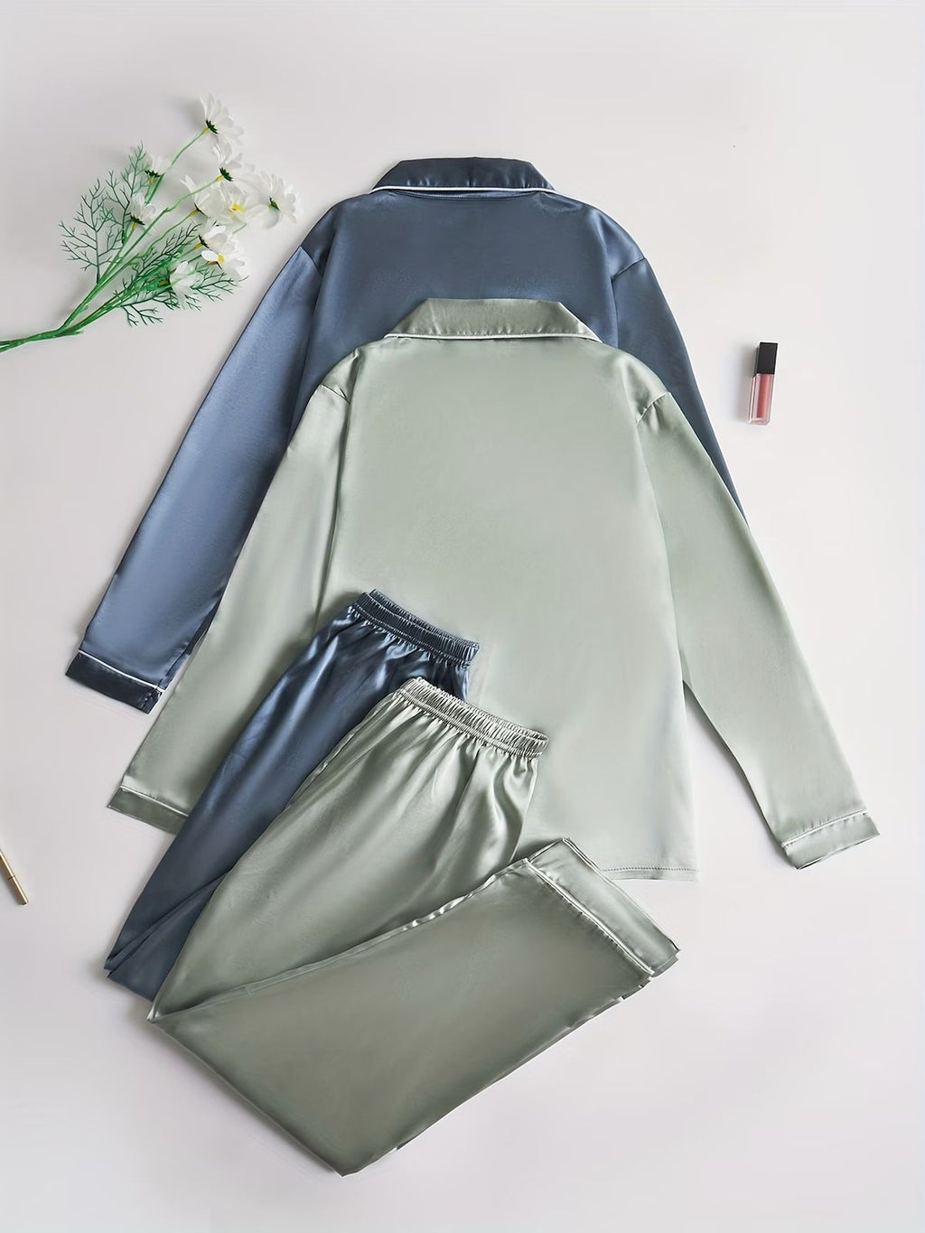 4-Piece Satin Lounge Set - Dual-Tone Satin Pajama Set – Long Sleeve Button Pajamas (Mist Blue / Light Blue)