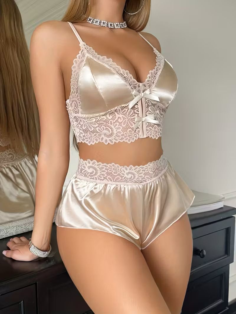 2-Piece Light Gold Satin Lace Lingerie Set – Deep V Camisole & Satin Shorts
