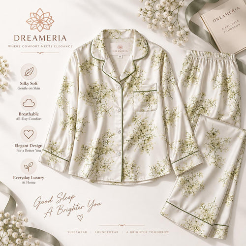 2-Piece Floral Satin Loungewear Set – Button-Up Lapel Long-Sleeve Top & Full-Length Lounge Pants – Ivory Botanical