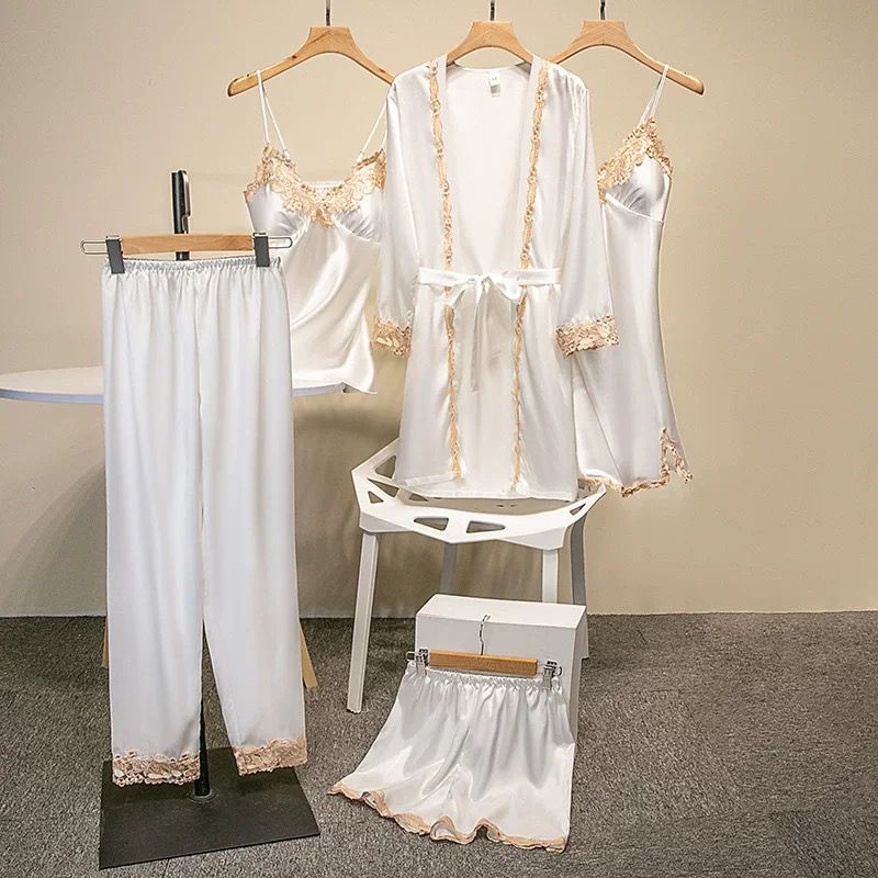 5-Piece Satin Set – Milk White – Classic Lace