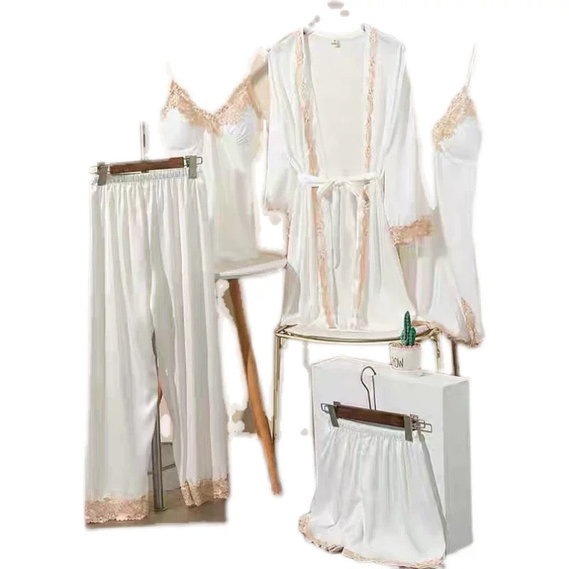 5-Piece Satin Set – Milk White – Classic Lace