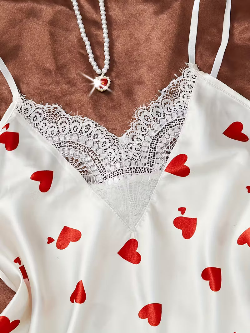 2-Piece Satin Pajama Set – White with Heart Print and Lace Trim | Valentine Collection