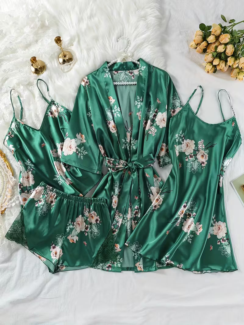 4-Piece Satin Set – Dark Green - Jardin Poétique