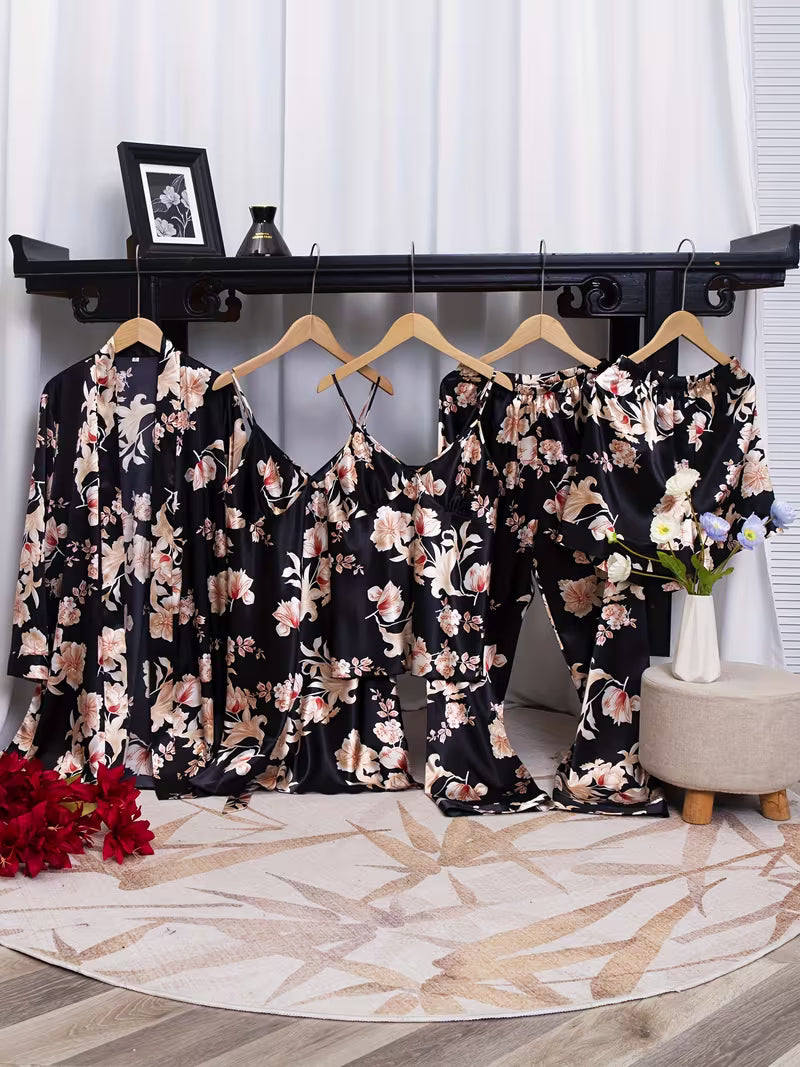 5-Piece Satin Set – Black – Classic Lace Floral