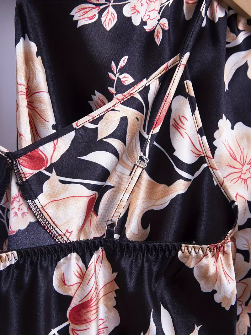 5-Piece Satin Set – Black – Classic Lace Floral