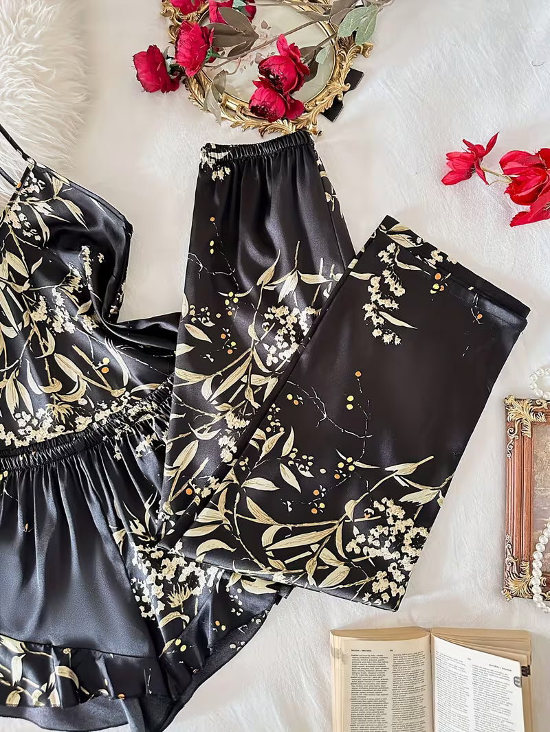 3-Piece Satin Set – Black – Dreameria Floral