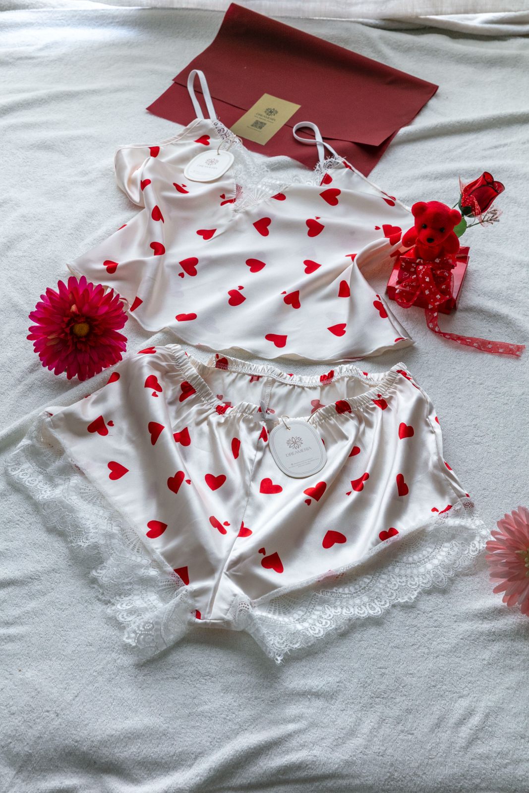 2-Piece Satin Pajama Set – White with Heart Print and Lace Trim | Valentine Collection